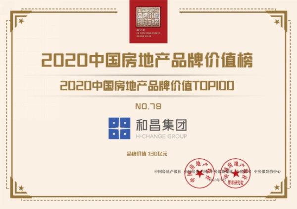 和昌集团荣获2020中国房地产品牌价值榜top100第79位